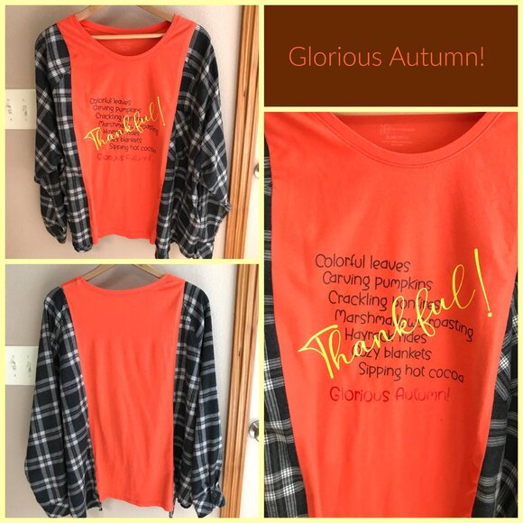 Reworked Flannel Shirt, Plus Size: Upcycled Oversized Thankful Autumn Graphics - Picture 9 of 9